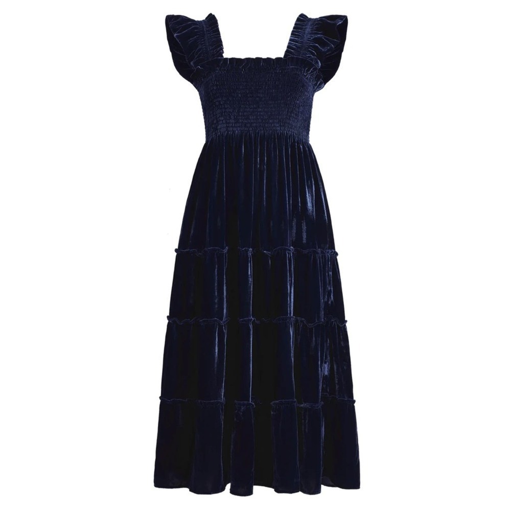 Hill House Navy Velvet Ellie Nap Dress S Holiday Midi Tired Ruched Sleeveless - Picture 14 of 14